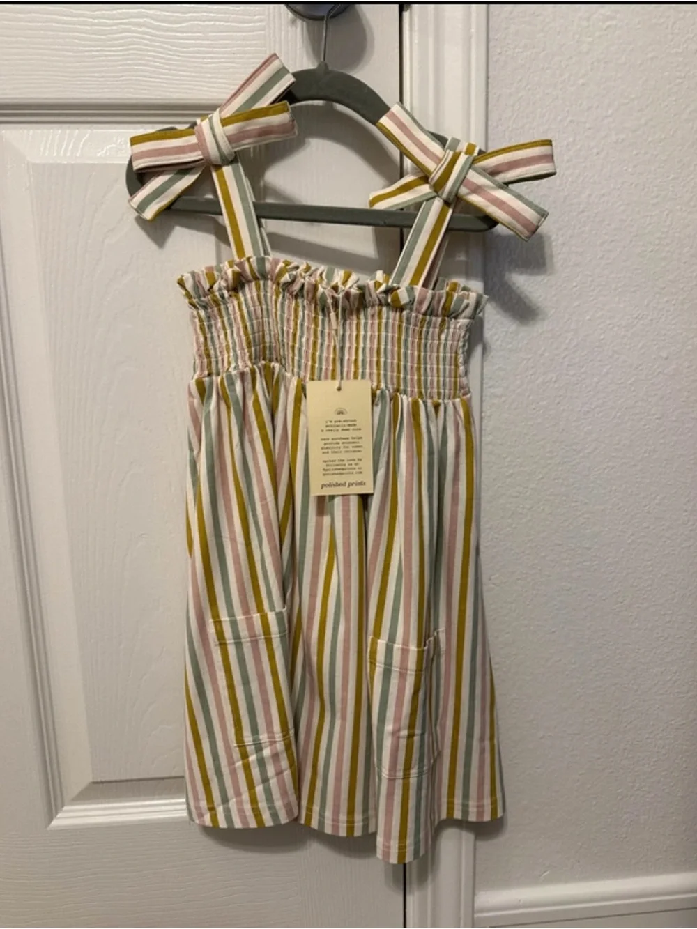 Girls Striped Bow-Shoulder Casual Sundress in Pink, Green & White